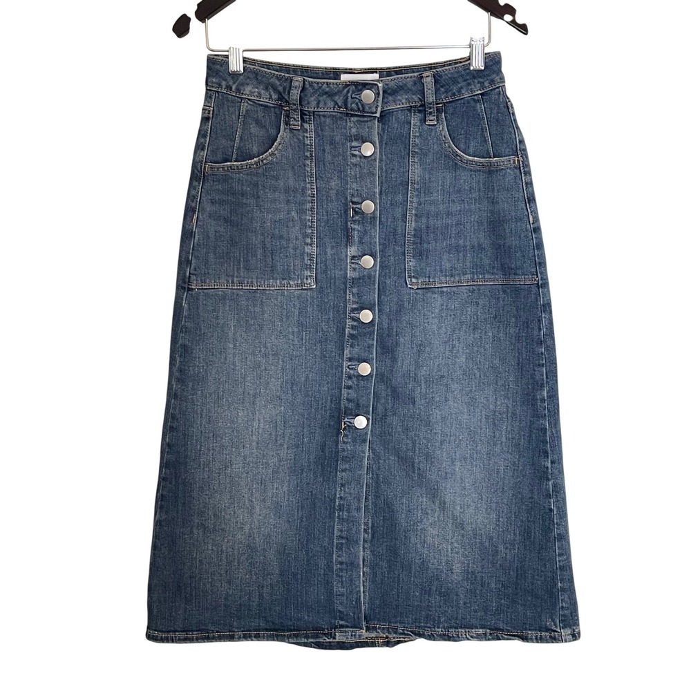 Denim Button-Front Midi Skirt - Blue